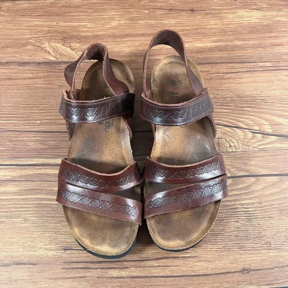 Naot Brown Leather Embossed Strappy Sandals